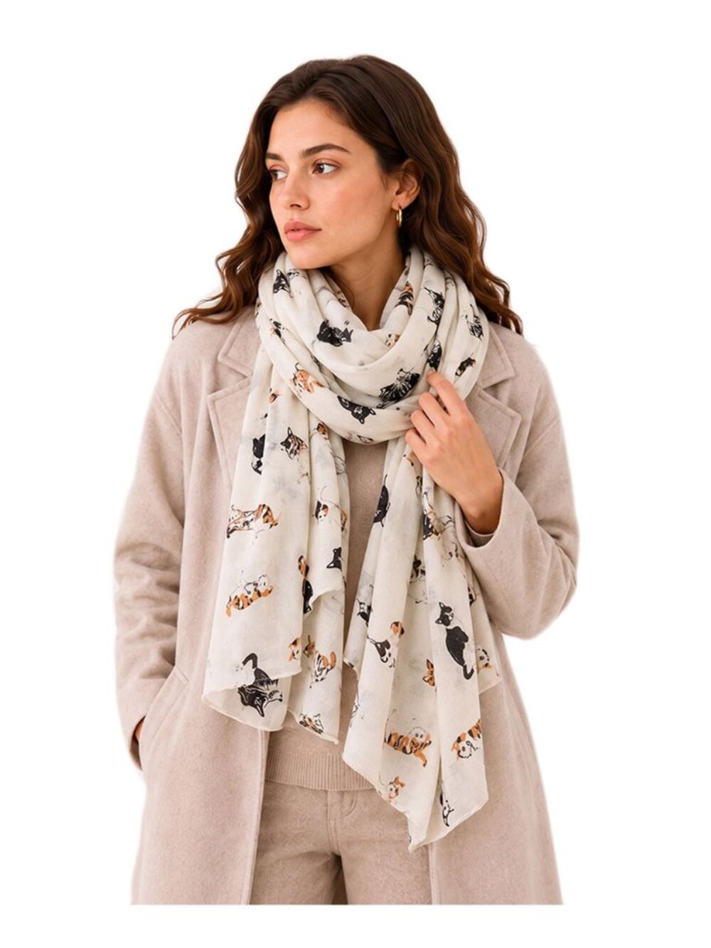 Tigerstars Beige Cat Pattern Print Wrap Scarf